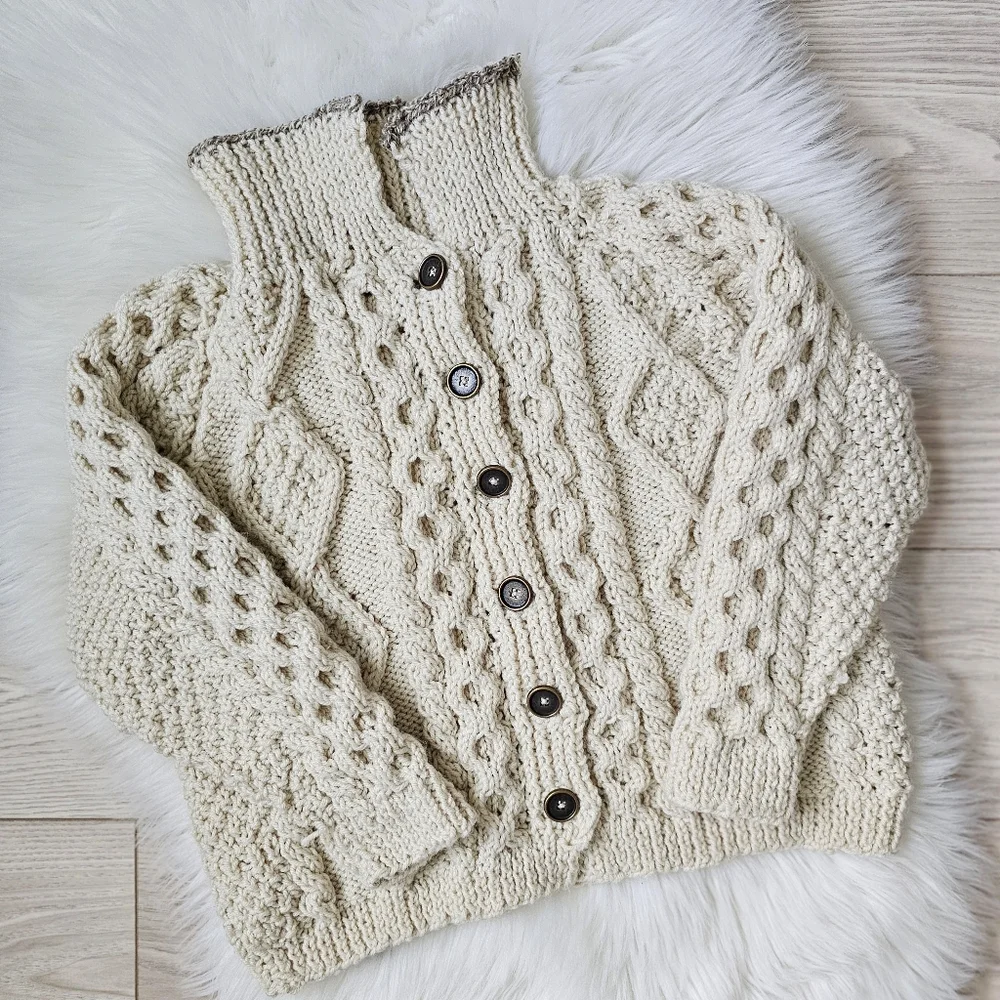 Vintage Hand Knit Cream Chunky Cardigan  Sweater Jacket Children Size Large